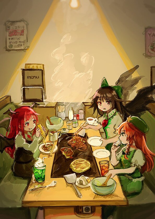 3girls :o :q bangs beret bird_wings black_bow black_skirt black_vest bow braid brown_hair chopsticks collared_shirt commentary cup demon_wings dress eating english_text food green_bow green_dress green_eyes green_headwear hair_bow hat holding holding_plate hong_meiling koakuma light_bulb looking_at_another multiple_girls okonomiyaki one-hour_drawing_challenge piyo_(sqn2idm751) plate poster_(object) puffy_short_sleeves puffy_sleeves red_eyes redhead reiuji_utsuho restaurant shirt short_sleeves skirt smoke table third_eye tongue tongue_out touhou tray vest white_shirt wings