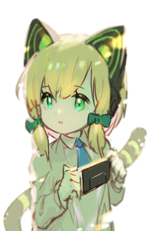 1girl animal_ears blonde_hair blue_archive blue_necktie bow fake_animal_ears fake_tail green_bow green_eyes grey_background hair_bow handheld_game_console headphones holding luvents3 midori_(blue_archive) necktie parted_lips simple_background solo tail upper_body