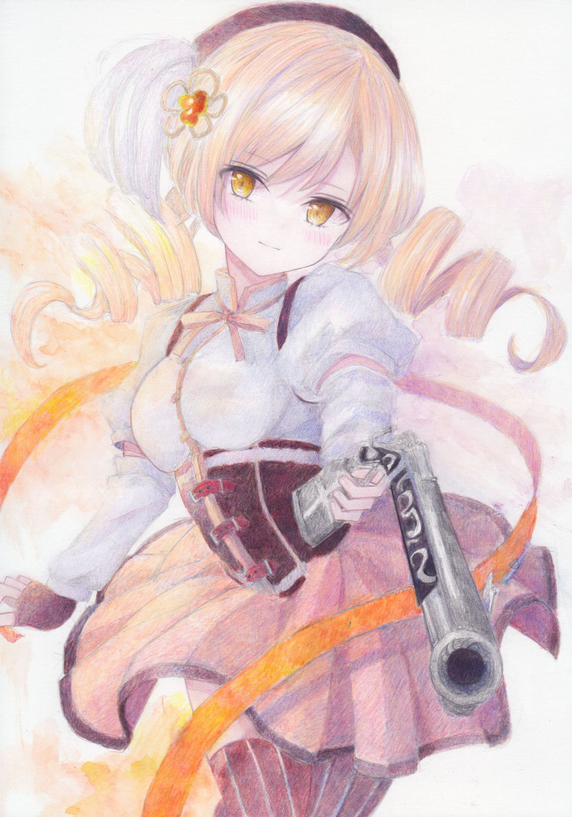 1girl beret blonde_hair blush breasts brown_gloves brown_headwear brown_legwear closed_mouth colored_pencil_(medium) corset cowboy_shot darkkanan detached_sleeves drill_hair fingerless_gloves floral_background gloves gun hat highres holding holding_weapon light_smile long_sleeves magical_musket mahou_shoujo_madoka_magica medium_breasts neck_ribbon painting_(medium) puffy_short_sleeves puffy_sleeves ribbon shirt short_sleeves skirt solo striped striped_legwear tomoe_mami traditional_media twin_drills twintails vertical-striped_legwear vertical_stripes watercolor_(medium) weapon white_shirt yellow_eyes yellow_ribbon yellow_skirt zettai_ryouiki