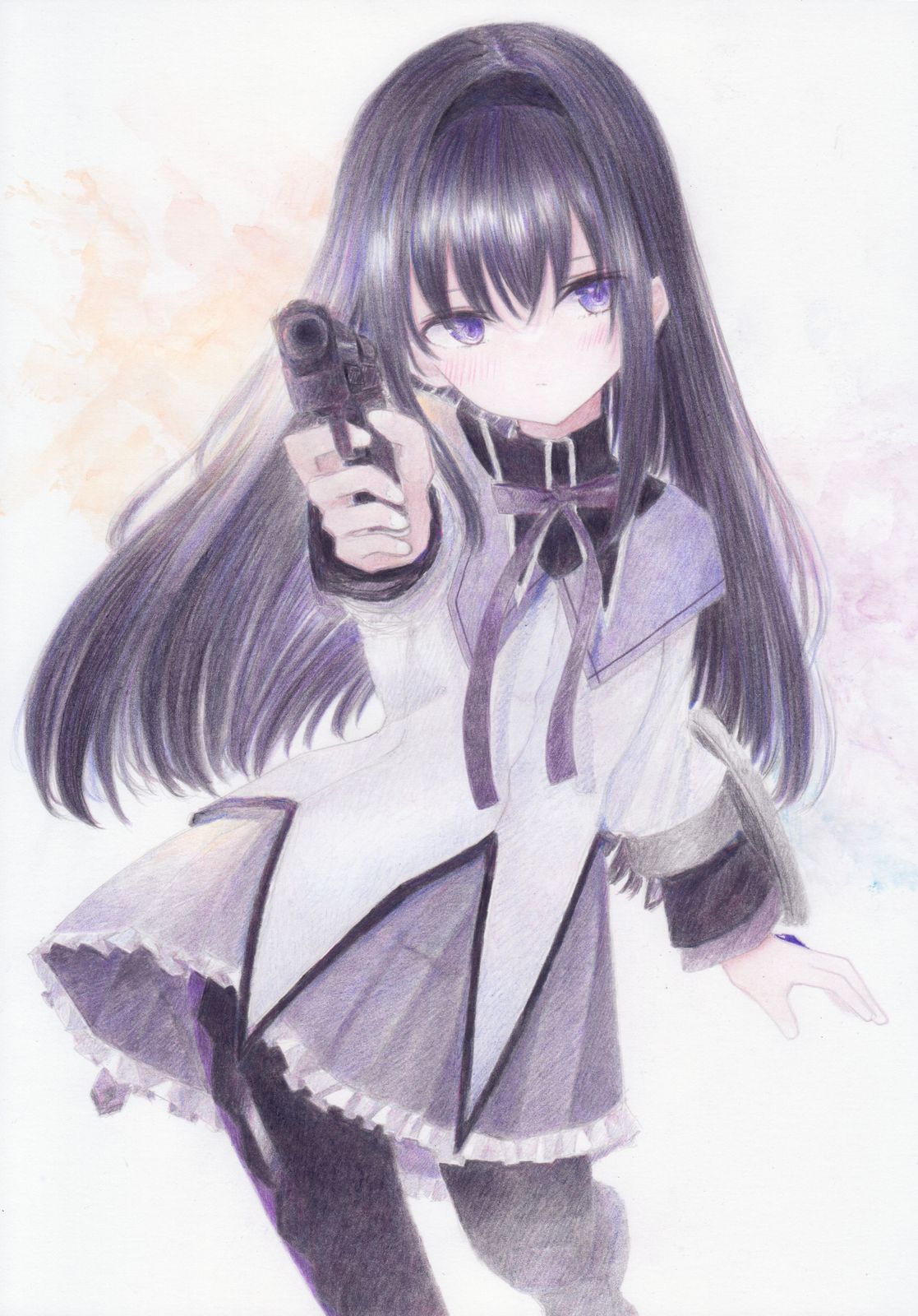 1girl aiming_at_viewer akemi_homura argyle argyle_legwear black_hair black_hairband black_legwear blush closed_mouth colored_pencil_(medium) cowboy_shot darkkanan facing_viewer floral_background frilled_skirt frills gun hairband handgun high_collar highres holding holding_weapon long_hair long_sleeves mahou_shoujo_madoka_magica neck_ribbon painting_(medium) pantyhose pistol purple_ribbon purple_skirt ribbon shirt skirt solo traditional_media violet_eyes watercolor_(medium) weapon white_shirt