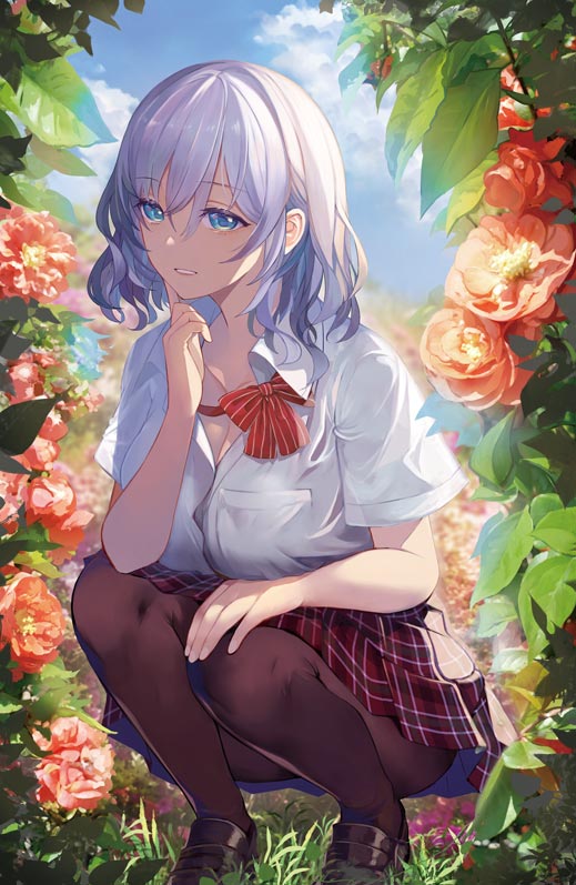 1girl bangs blue_eyes bow bowtie breast_pocket breasts brown_hair brown_legwear camellia clouds cloudy_sky collared_shirt commentary_request eyebrows_visible_through_hair finger_to_cheek flower full_body hair_between_eyes hand_on_own_knee hand_up head_tilt large_breasts loafers looking_at_viewer loose_bowtie medium_hair nature original pantyhose parted_lips partially_unbuttoned plaid plaid_skirt pleated_skirt pocket pupps red_bow red_bowtie red_skirt shirt shoes short_sleeves skirt sky solo squatting striped striped_bow striped_bowtie white_hair white_shirt