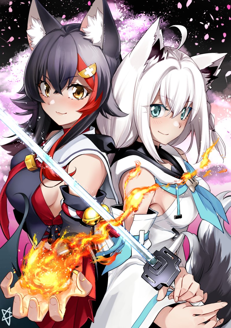 2girls ahoge animal_ear_fluff animal_ears back-to-back black_hair black_shirt blue_neckerchief blush breasts cherry_blossoms commentary_request detached_sleeves earrings eyebrows_visible_through_hair fireball fox_ears fox_girl fox_tail green_eyes hair_between_eyes hair_ornament hairclip holding holding_sword holding_weapon hololive hololive_alternative hood hoodie jewelry katana kurose_kousuke looking_at_viewer multicolored_hair multiple_girls neckerchief necktie ookami_mio open_hand pentagram pose red_necktie redhead shirakami_fubuki shirt sideboob small_breasts smile streaked_hair sword tail weapon white_hair white_hoodie wolf_ears wolf_girl yellow_eyes