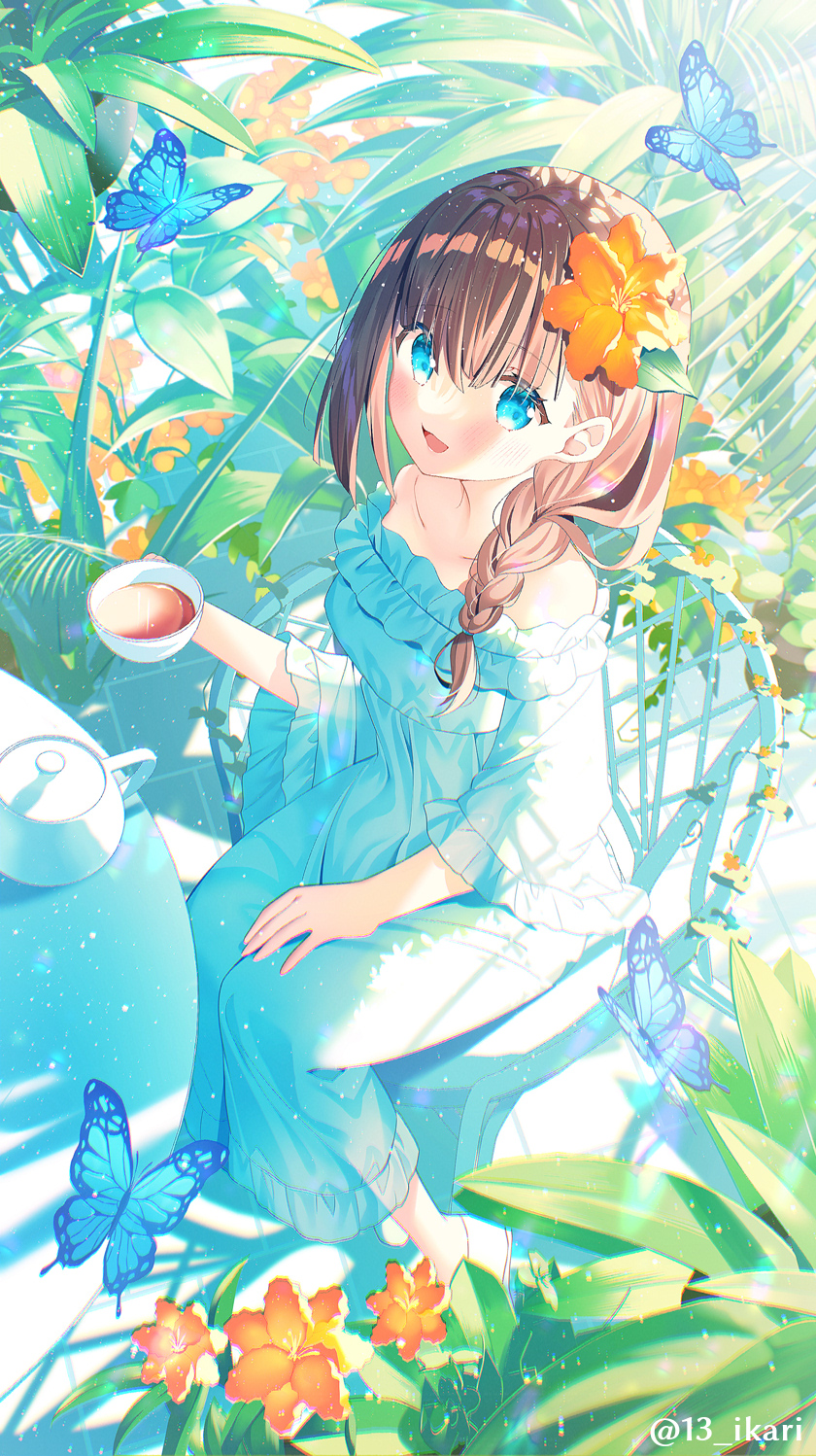 1girl bangs blue_butterfly blue_dress blue_eyes blush braid breasts brown_hair bug butterfly collarbone commentary cup dappled_sunlight dress flower frilled_dress frills full_body garden hair_between_eyes hair_flower hair_ornament hair_over_breasts hair_over_eyes hair_over_shoulder highres holding holding_cup ikari_(aor3507) leaf light_particles long_sleeves looking_at_viewer medium_breasts no_socks on_chair open_mouth original outdoors plant shadow shoes sitting smile solo strapless strapless_dress sunlight table teacup teapot