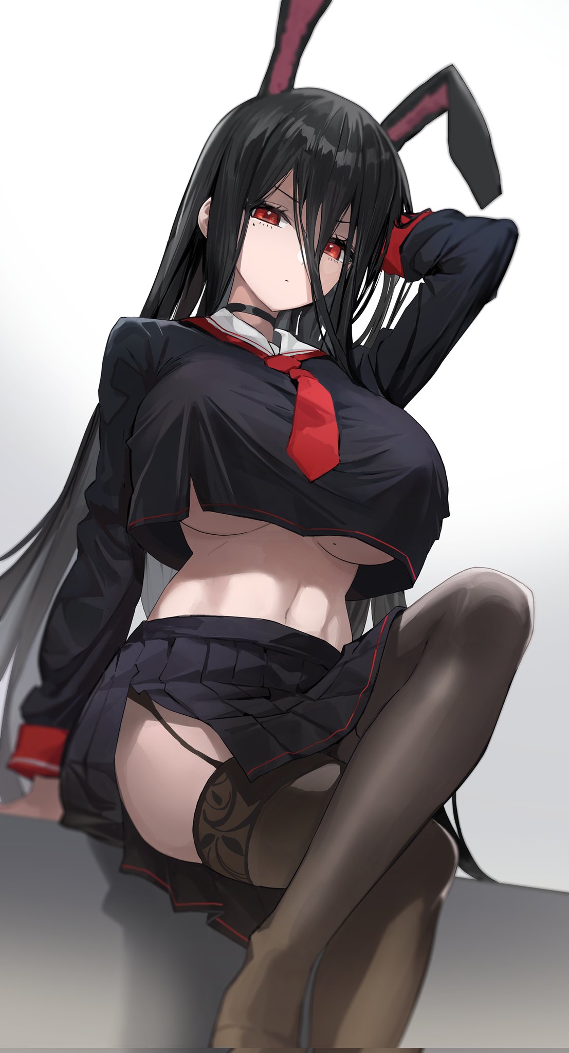 1girl animal_ears arm_up artist_request black_hair black_legwear blue_archive blurry breasts choker commission crop_top crop_top_overhang crossed_legs depth_of_field dutch_angle from_below garter_belt gradient gradient_background hair_between_eyes hasumi_(blue_archive) highres large_breasts long_hair long_sleeves looking_at_viewer midriff mole mole_on_breast mole_under_eye navel rabbit_ears red_eyes school_uniform second-party_source serafuku side_slit simple_background sitting solo thigh-highs under_boob very_long_hair