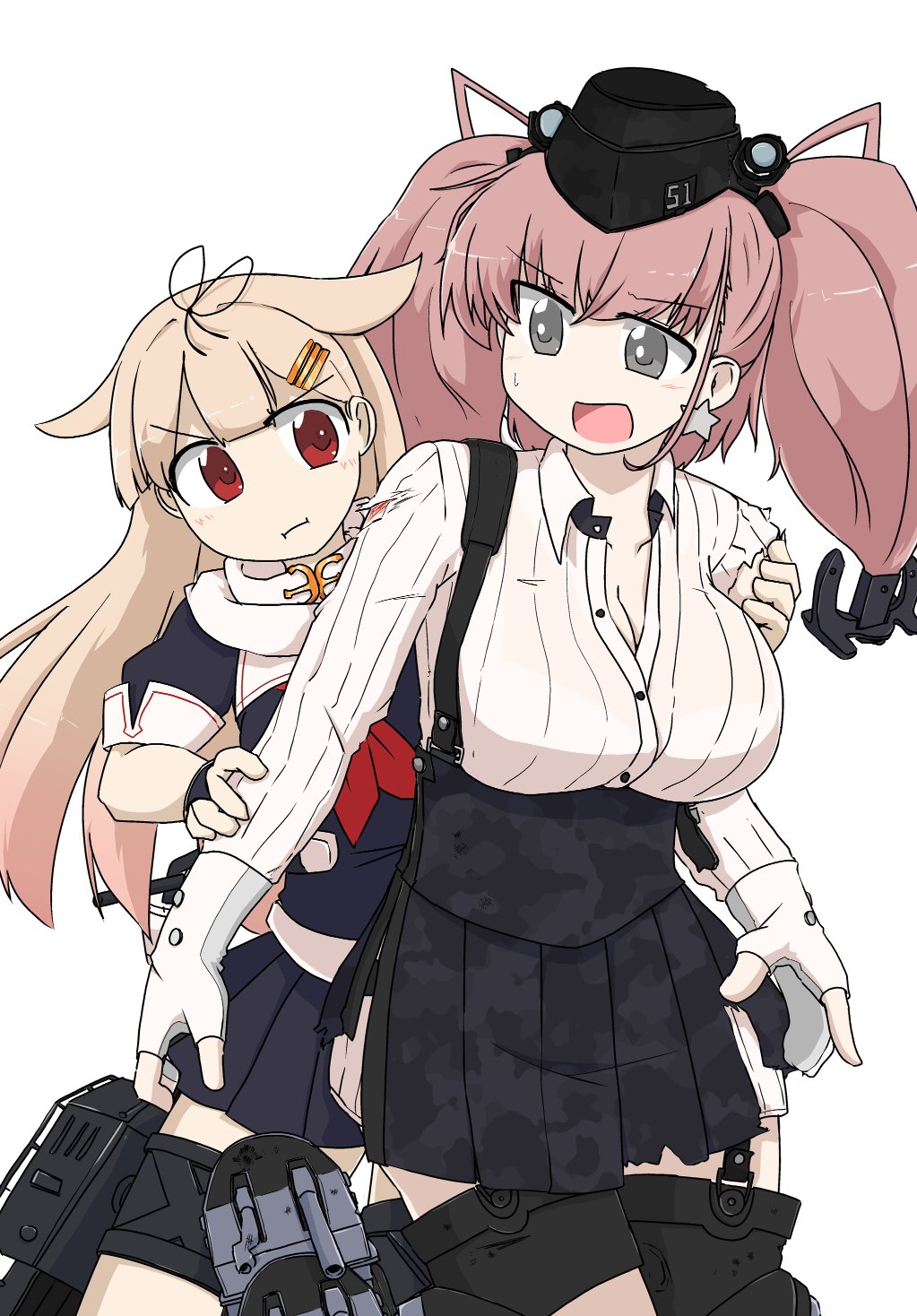 2girls anchor_hair_ornament atlanta_(kancolle) black_headwear black_ribbon black_serafuku black_skirt blonde_hair breasts brown_hair commentary_request cowboy_shot dress_shirt earrings garrison_cap garter_straps gloves grey_eyes hair_flaps hair_ornament hair_ribbon hairclip hat hiding high-waist_skirt highres jewelry kantai_collection large_breasts long_hair long_sleeves machinery multiple_girls neckerchief open_clothes orisa-ex partially_fingerless_gloves pout red_eyes red_neckerchief ribbon scarf school_uniform serafuku shirt skirt standing star_(symbol) star_earrings suspender_skirt suspenders thigh_strap two_side_up white_gloves white_scarf white_shirt yuudachi_(kancolle) yuudachi_kai_ni_(kancolle)