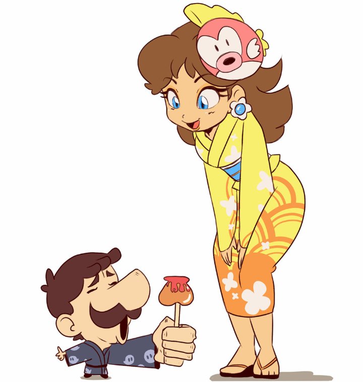 1boy 1girl bangs big_nose blooper_(mario) blue_eyes blush breasts brown_footwear brown_hair candy_apple clenched_hand closed_eyes commentary earrings english_commentary eyebrows_visible_through_hair facial_hair flat_color floral_print flower_earrings food ghost_print grey_kimono happy holding holding_food japanese_clothes jewelry kimono leaning_forward light_blush long_hair long_sleeves looking_at_another looking_down luigi mario_kart_tour mask mask_on_head miniboy mustache obi official_alternate_costume open_mouth princess_daisy sandals sash short_hair small_breasts smile stellarspin super_mario_bros. yellow_kimono