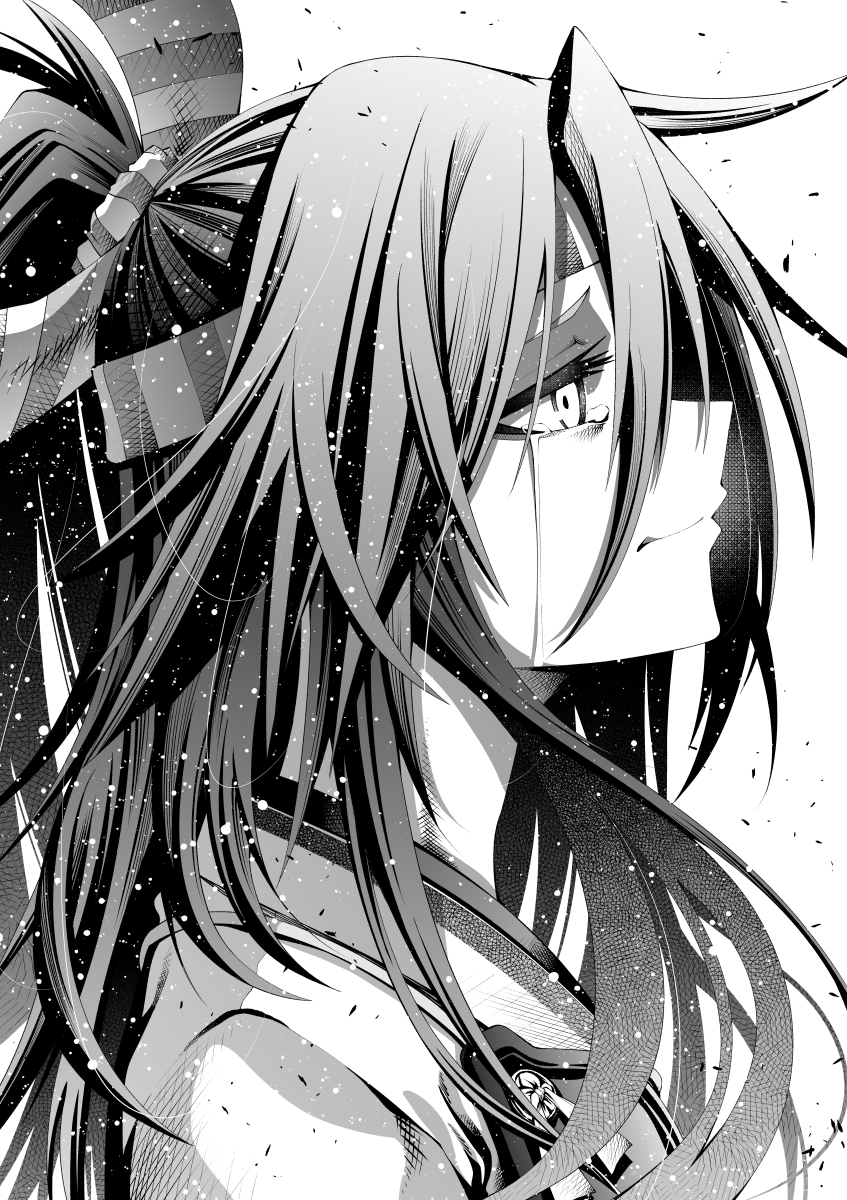 1girl akane_harurou close-up crying crying_with_eyes_open from_side greyscale hachimaki headband high_ponytail highres kantai_collection long_hair monochrome muneate profile solo tears zuihou_(kancolle)