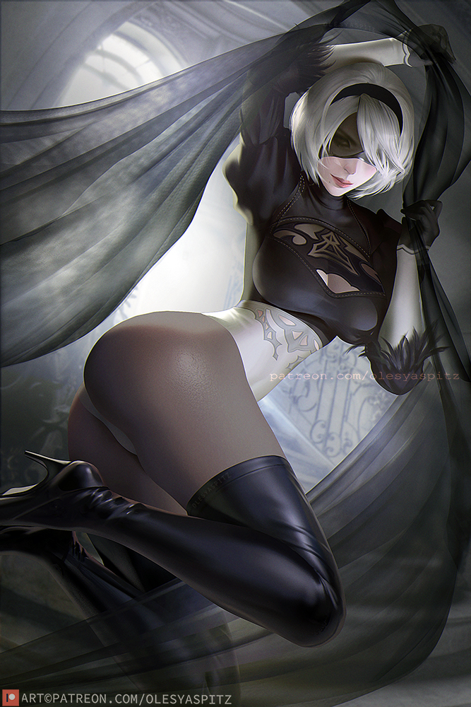 1girl ass bangs black_blindfold black_gloves black_hairband blindfold boots breasts clothing_cutout feather-trimmed_sleeves gloves hair_over_one_eye hairband high_heel_boots high_heels juliet_sleeves leotard lips long_sleeves looking_at_viewer medium_breasts mole mole_under_mouth nier_(series) nier_automata olesyaspitz pantyhose puffy_sleeves red_lips see-through short_hair solo thigh-highs thigh_boots web_address white_leotard yorha_no._2_type_b