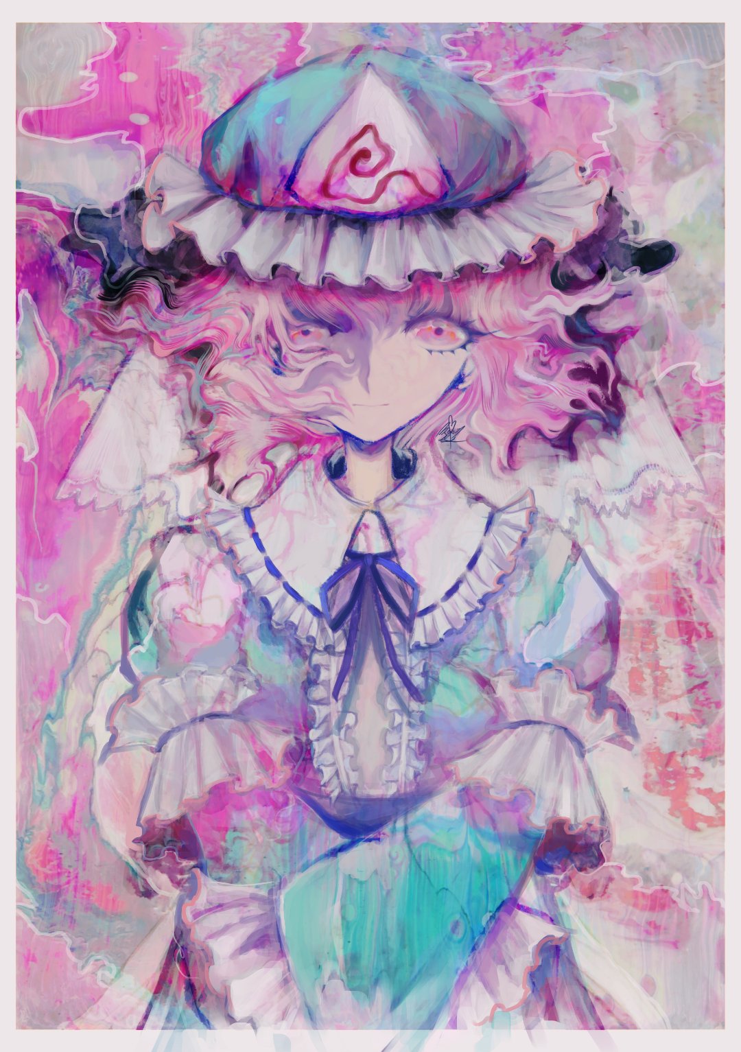 1girl abstract bangs blue_headwear blue_kimono collar commentary_request frilled_collar frilled_kimono frills fu~ai hat highres japanese_clothes kimono looking_at_viewer mob_cap pink_eyes pink_hair saigyouji_yuyuko short_hair solo touhou traditional_media triangular_headpiece upper_body