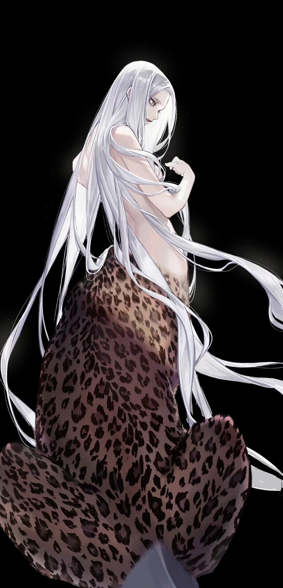 1girl bare_shoulders black_background breasts chimera highres leopard lips long_hair looking_down medium_breasts original parted_lips simple_background solo topless very_long_hair white_eyes white_hair xxlsid48