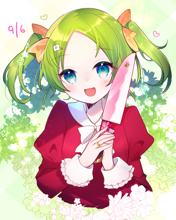 1girl :d aya_(aya_op10s) bangs blue_eyes bow bowtie dress elona floral_background flower green_background green_hair hair_ornament hair_ribbon hairclip hands_up heart holding holding_knife jewelry juliet_sleeves knife long_sleeves looking_at_viewer open_mouth own_hands_together pink_bow puffy_sleeves red_dress ribbon ring smile solo sparkling_eyes twintails upper_body w_arms white_bow white_bowtie younger_sister_(elona)