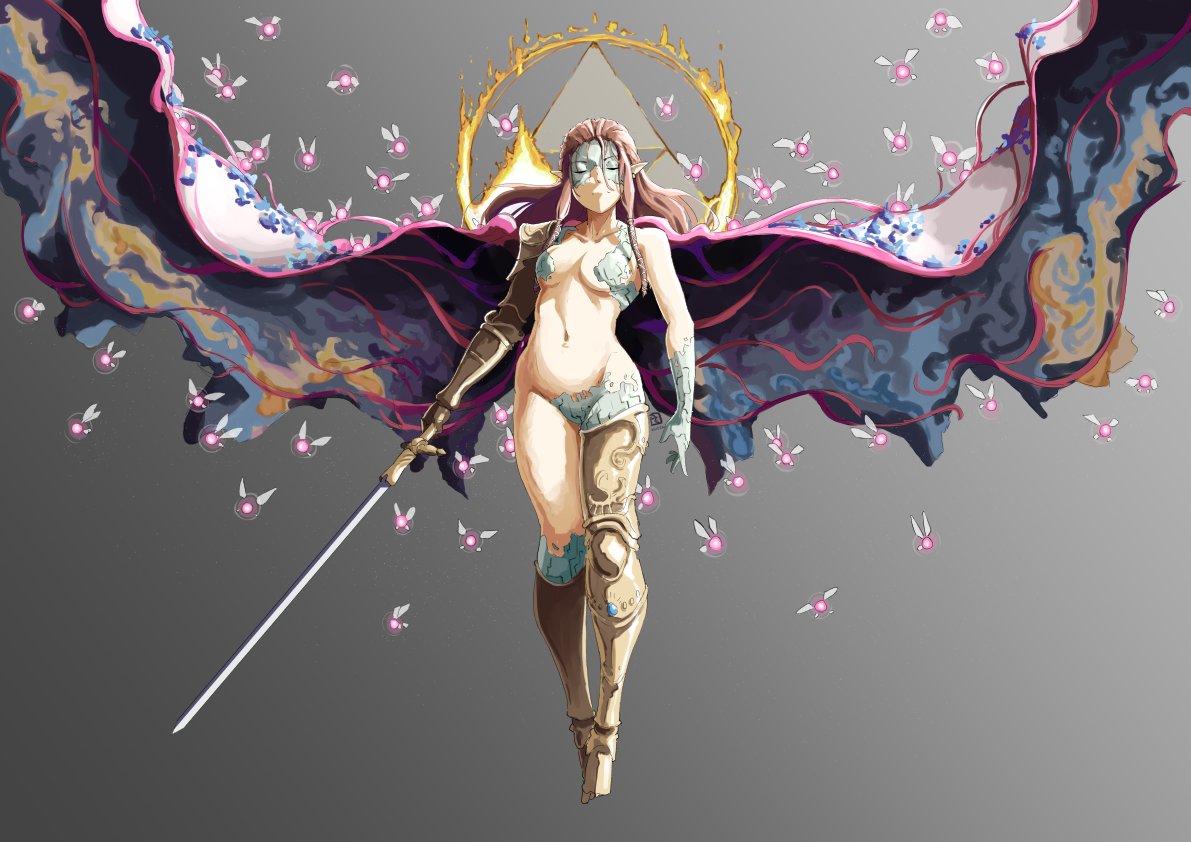 1girl automatic_giraffe breasts brown_hair closed_eyes covered_nipples elden_ring fairy full_body gradient gradient_background great_rune_(elden_ring) grey_background holding holding_sword holding_weapon long_hair malenia_goddess_of_rot medium_breasts navel nude pointy_ears princess_zelda prosthesis prosthetic_arm prosthetic_leg solo sword the_legend_of_zelda the_legend_of_zelda:_twilight_princess triforce weapon