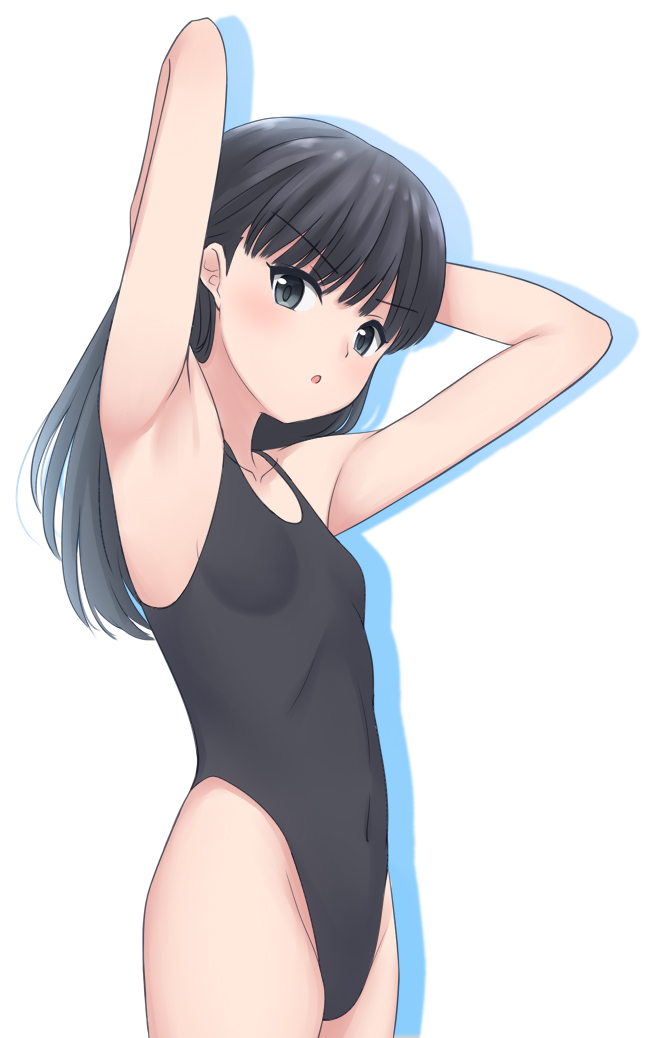 1girl amagami arms_behind_head ayatsuji_tsukasa black_hair black_swimsuit breasts cowboy_shot feilong_(rong0102) grey_eyes highleg highleg_swimsuit long_hair simple_background small_breasts solo standing swimsuit white_background