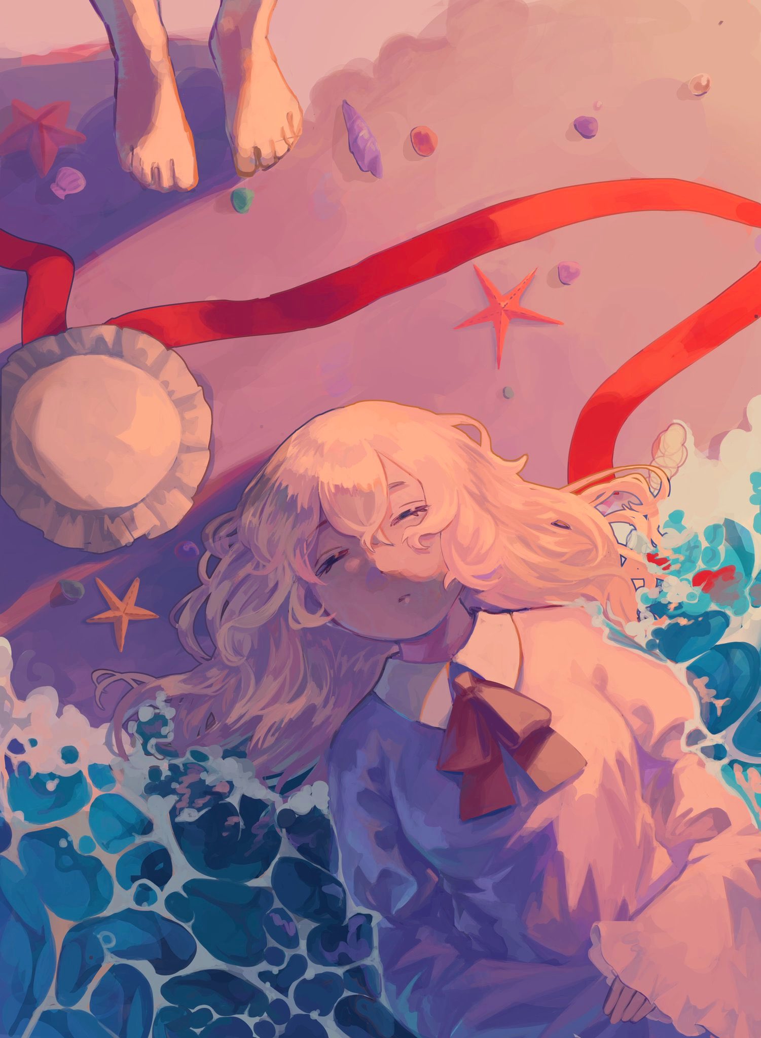 1girl barefoot beach blonde_hair closed_eyes collar collared_dress commentary_request dress foaming_waves hair_between_eyes hat highres long_sleeves lying maribel_hearn medium_hair mob_cap mushiao neck_ribbon on_back out_of_frame purple_dress red_ribbon ribbon seashell shell sleeping starfish touhou upper_body water white_collar white_headwear