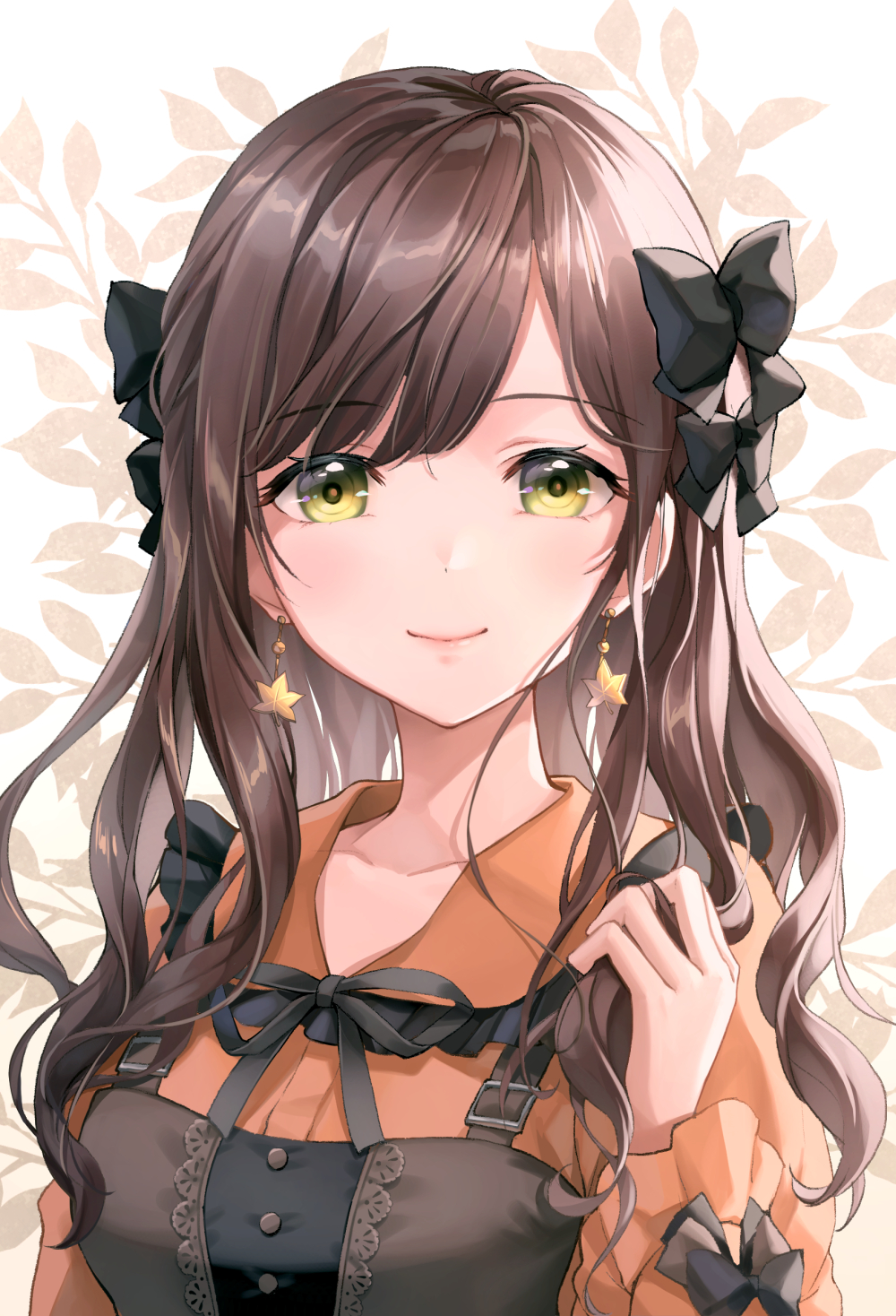 1girl bangs black_bow black_ribbon bow brown_dress brown_hair brown_shirt chocofox closed_mouth collared_shirt commentary commission dress dress_shirt eyebrows_visible_through_hair frilled_shirt_collar frills green_eyes hair_bow hand_up highres long_hair long_sleeves looking_at_viewer neck_ribbon original ribbon shirt sleeveless sleeveless_dress smile solo swept_bangs upper_body white_background