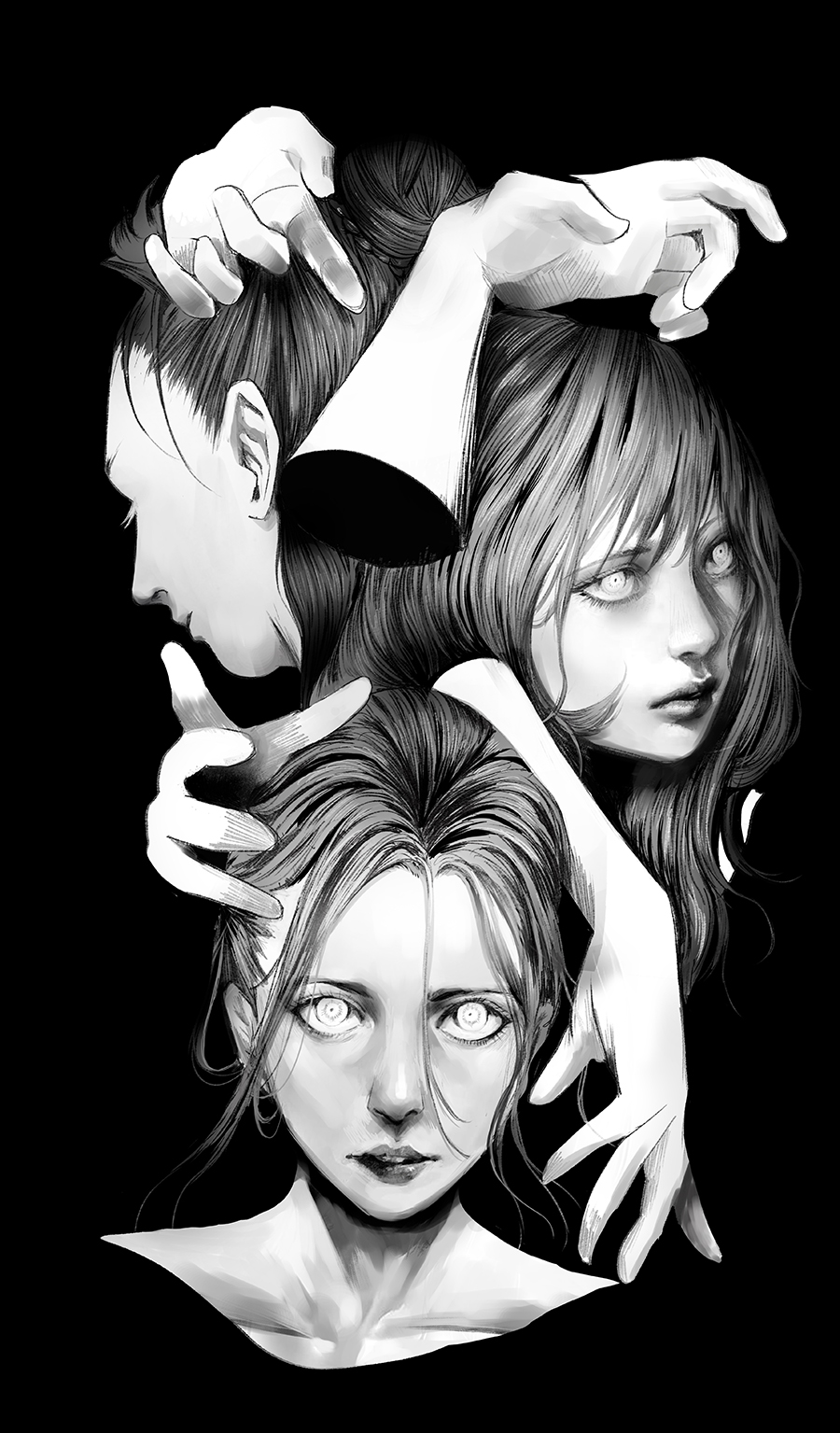 3girls black_background braid closed_mouth collarbone disembodied_limb face greyscale hair_between_eyes hair_bun hand_focus hatching_(texture) highres lipstick long_hair looking_at_viewer makeup monochrome multiple_girls original parted_lips simple_background wataboku