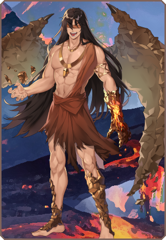 1boy :d abs arm_at_side armlet artist_request bare_shoulders barefoot black_hair blindfold border brown_robe brown_wings covered_eyes elona elona_mobile facing_viewer floating geokinesis jewelry laughing levitation long_hair lowres male_focus molten_rock mountain navel necklace official_art opatos_of_earth open_mouth pectorals rock smile solo standing transparent_background very_long_hair wings