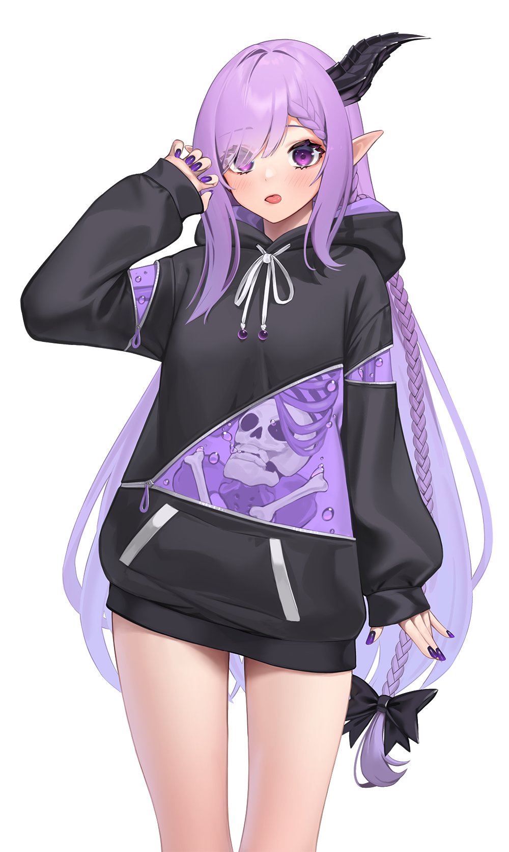 1girl bangs black_bow black_hoodie blush bow braid cowboy_shot eyebrows_visible_through_hair eyes_visible_through_hair hair_bow hair_over_one_eye hand_up highres hood hoodie horns katasumi_(suraimu) long_hair looking_at_viewer nail_polish ohisashiburi_(style) original pointy_ears print_hoodie purple_hair purple_nails simple_background single_braid single_horn skull_print sleeves_past_wrists solo standing suraimu_(suraimuraimu) tongue tongue_out very_long_hair violet_eyes white_background