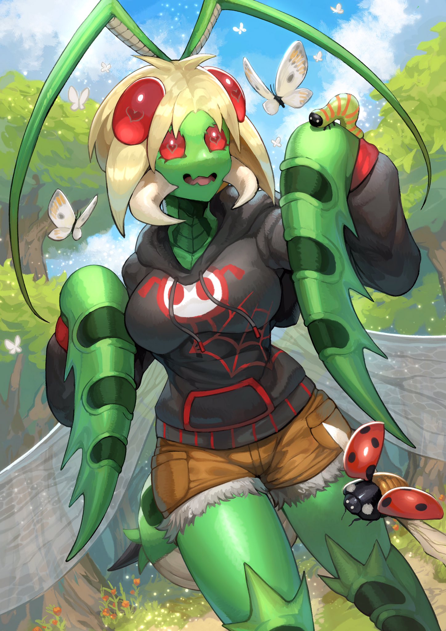 1girl animal_on_arm antennae arthropod_girl arthropod_limbs black_hoodie blonde_hair brown_shorts bug butterfly carapace caterpillar claws clouds cloudy_sky colored_skin compound_eyes cowboy_shot extra_eyes fangs flower fur-trimmed_shorts fur_trim green_skin heart heart-shaped_pupils highres hood hoodie insect_wings ladybug long_sleeves looking_at_animal mandibles monster_girl orange_flower original red_eyes short_hair short_shorts shorts skin_fangs sky smile solo sumosamo symbol-shaped_pupils tree wings