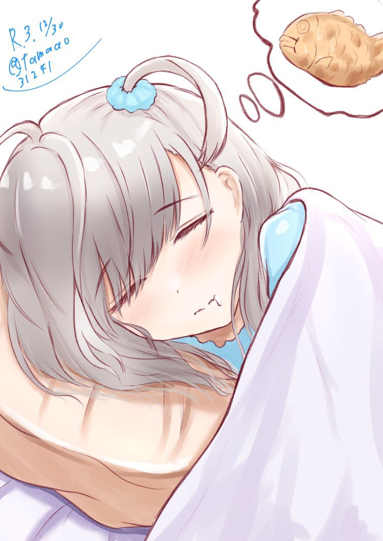 1girl alternate_hairstyle assault_lily bangs bed_sheet blanket blue_scrunchie blue_shirt blush closed_eyes commentary dated dreaming drooling eyebrows_visible_through_hair facing_viewer food grey_hair hair_ornament hair_scrunchie long_hair lying on_side one_side_up pillow saliva sasaki_ran scrunchie shirt simple_background sleeping solo split_mouth taiyaki tamaao_(tamaao31241) thought_bubble twitter_username under_covers upper_body wagashi wavy_mouth white_background