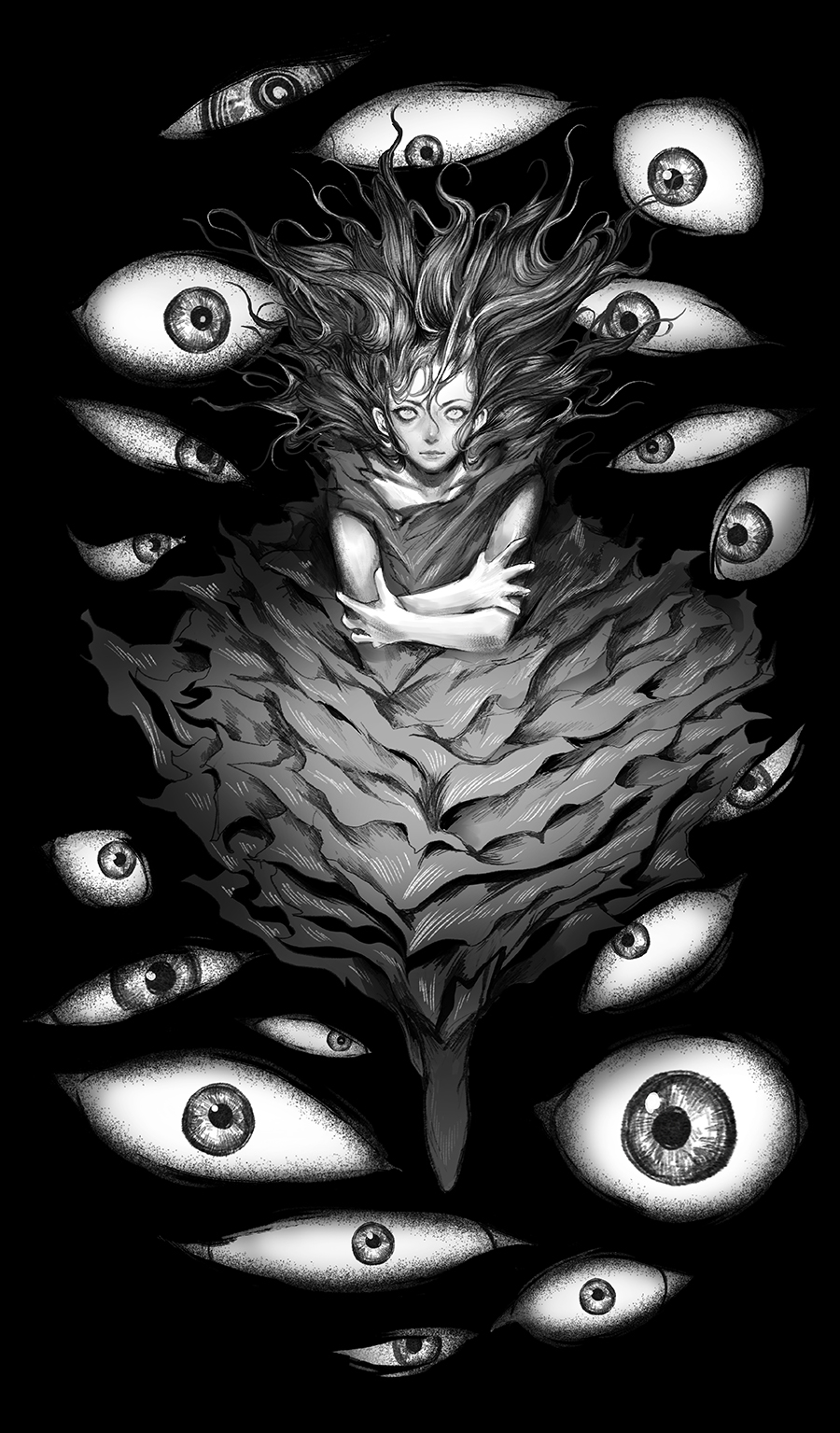 1girl closed_mouth collarbone dress eyeball eyes_in_shadow floating_hair greyscale hatching hatching_(texture) highres long_hair looking_at_another looking_at_viewer monochrome original wataboku