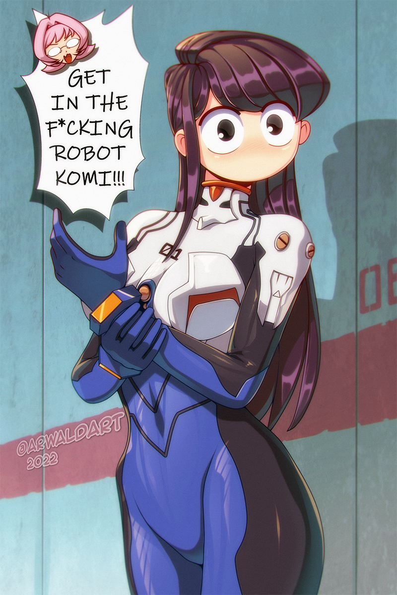 1girl 1other 2022 arwald black_eyes black_hair bodysuit breasts cosplay english_text glasses highres ikari_gendou ikari_gendou_(cosplay) ikari_shinji komi-san_wa_komyushou_desu komi_shouko light_blush neon_genesis_evangelion no_mouth opaque_glasses osana_najimi_(komi-san_wa_komyushou_desu) plugsuit profanity solo_focus standing twitter_username