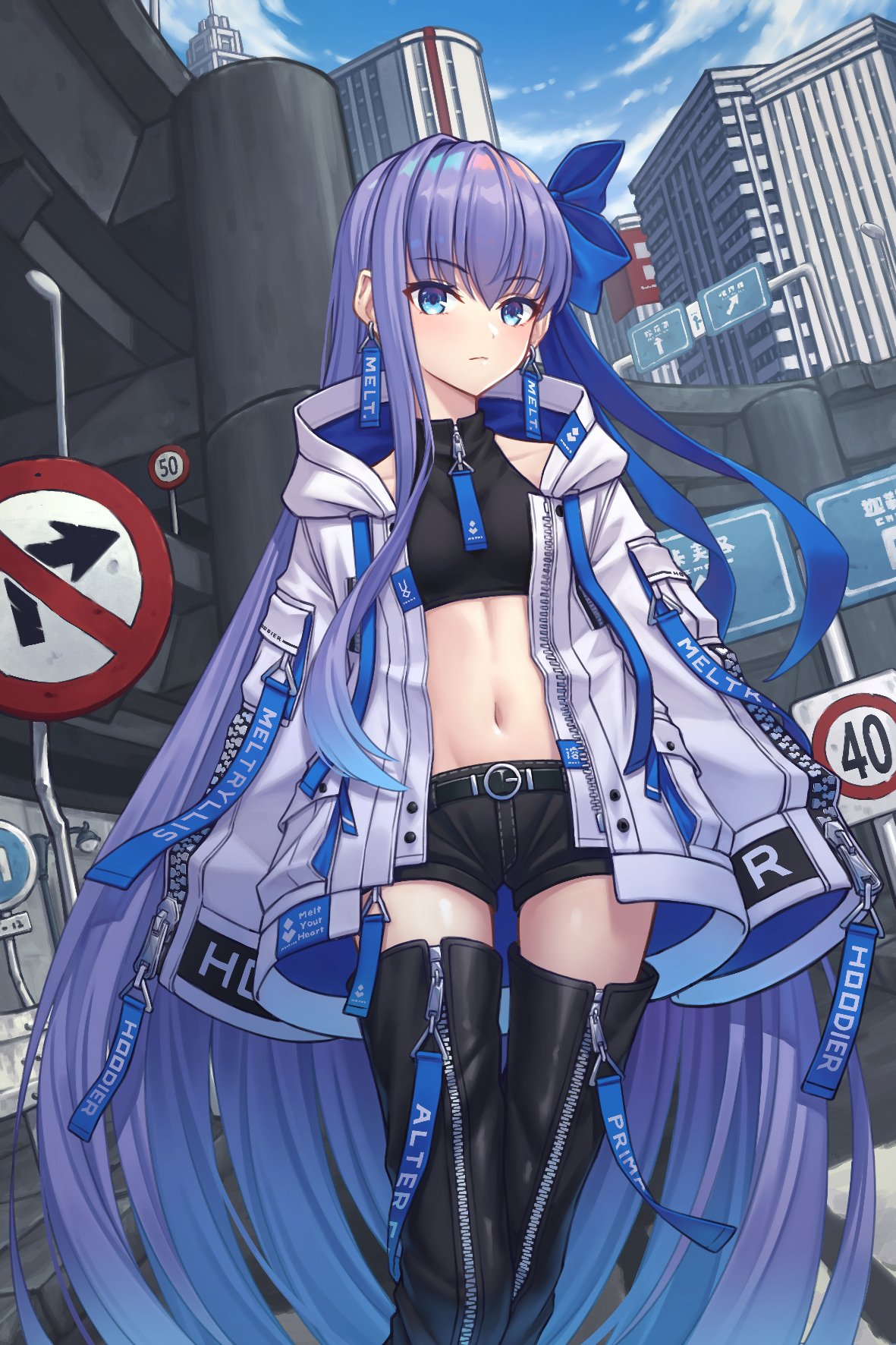 1girl bangs belt_buckle blue_eyes blue_ribbon blush boots breasts buckle building clouds cloudy_sky cowboy_shot eyebrows_visible_through_hair fate/extra fate/extra_ccc fate/grand_order fate_(series) hair_ribbon highres hoodier jacket lamppost long_hair long_sleeves looking_at_viewer meltryllis_(fate) midriff open_clothes open_jacket outdoors purple_hair ribbon road road_sign short_shorts shorts sign sky small_breasts solo street thigh-highs thigh_boots very_long_hair zipper zipper_pull_tab