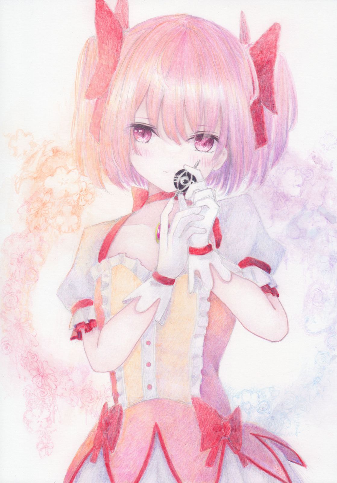 1girl blush bow bubble_skirt choker closed_mouth colored_pencil_(medium) commentary cowboy_shot darkkanan expressionless facing_viewer floral_background gloves grief_seed hair_bow hands_up highres holding kaname_madoka magical_girl mahou_shoujo_madoka_magica painting_(medium) pink_eyes pink_hair puffy_short_sleeves puffy_sleeves red_bow red_ribbon ribbon ribbon_choker short_hair short_sleeves short_twintails skirt solo traditional_media twintails watercolor_(medium) white_gloves