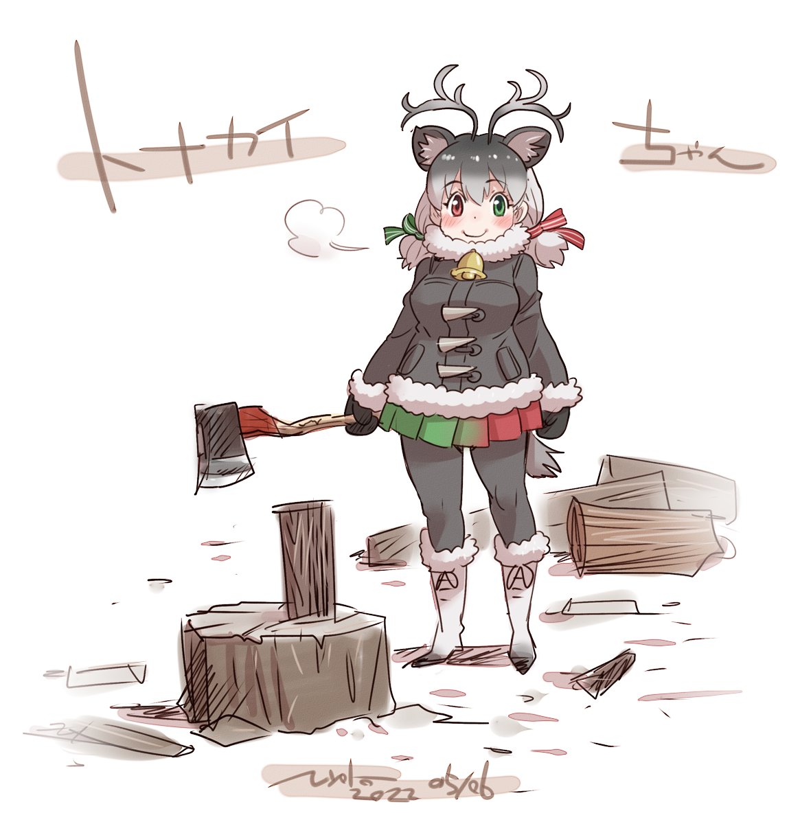 =3 animal_ears antlers axe bell blush boots bow breath brown_coat brown_gloves brown_hair brown_legwear coat commentary_request deer_ears deer_girl deer_tail firewood full_body fur_collar fur_trim gloves green_bow green_eyes heterochromia highres kemono_friends long_hair multicolored_hair neck_bell nyororiso_(muyaa) pantyhose red_bow red_eyes reindeer_(kemono_friends) reindeer_antlers tail translation_request twintails white_footwear white_fur white_hair winter winter_clothes winter_coat