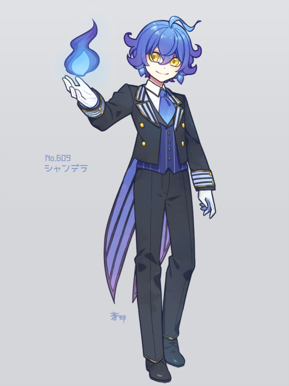 1boy ahoge aona_(noraneko) ascot bangs blue_fire blue_hair chandelure character_name closed_mouth coat coattails collared_shirt earrings fire flipped_hair gloves gradient_hair humanization jewelry loafers looking_at_hand magic male_focus multicolored_hair overcoat pants pokedex_number pokemon purple_hair shirt shoes short_hair signature smile solo striped striped_vest vest waistcoat yellow_eyes