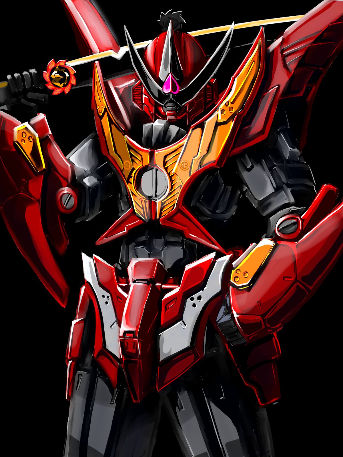 1boy avataro_sentai_donbrothers commentary_request donguri_kaijin donmomotarou donrobotarou hand_on_hip highres looking_at_viewer mecha no_humans pose power_armor science_fiction smoke solo super_sentai sword visor weapon