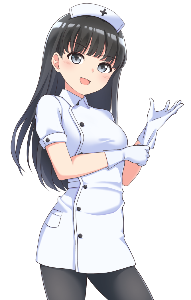 1girl amagami ayatsuji_tsukasa black_hair black_legwear commentary_request contrapposto cowboy_shot dress feilong_(rong0102) gloves grey_eyes hat long_hair nurse_cap pantyhose rubber_gloves simple_background solo white_background white_dress white_gloves