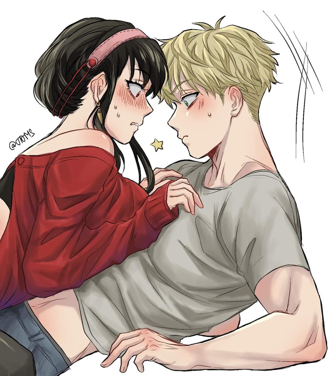 1boy 1girl 99shuichi black_hair blonde_hair blue_eyes blush breast_press commentary denim dress earrings eye_contact girl_on_top gold_earrings grey_shirt hairband highres husband_and_wife jeans jewelry long_sleeves looking_at_another off-shoulder_sweater off_shoulder pants pink_hairband red_eyes red_sweater shirt short_sleeves sidelocks spy_x_family star_(symbol) sweatdrop sweater sweater_dress twilight_(spy_x_family) twitter_username yor_briar
