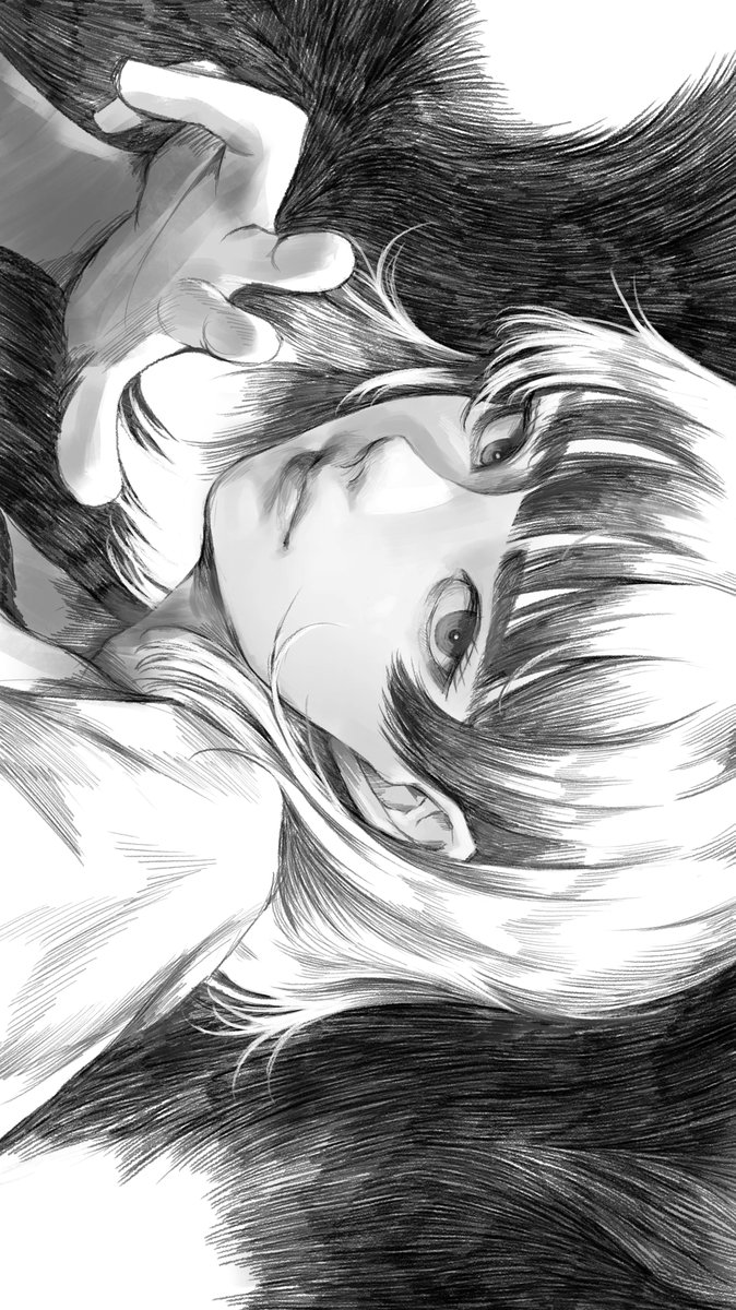 1girl bangs blunt_bangs closed_mouth face greyscale hatching_(texture) highres looking_at_viewer monochrome original short_hair smile solo upper_body wataboku