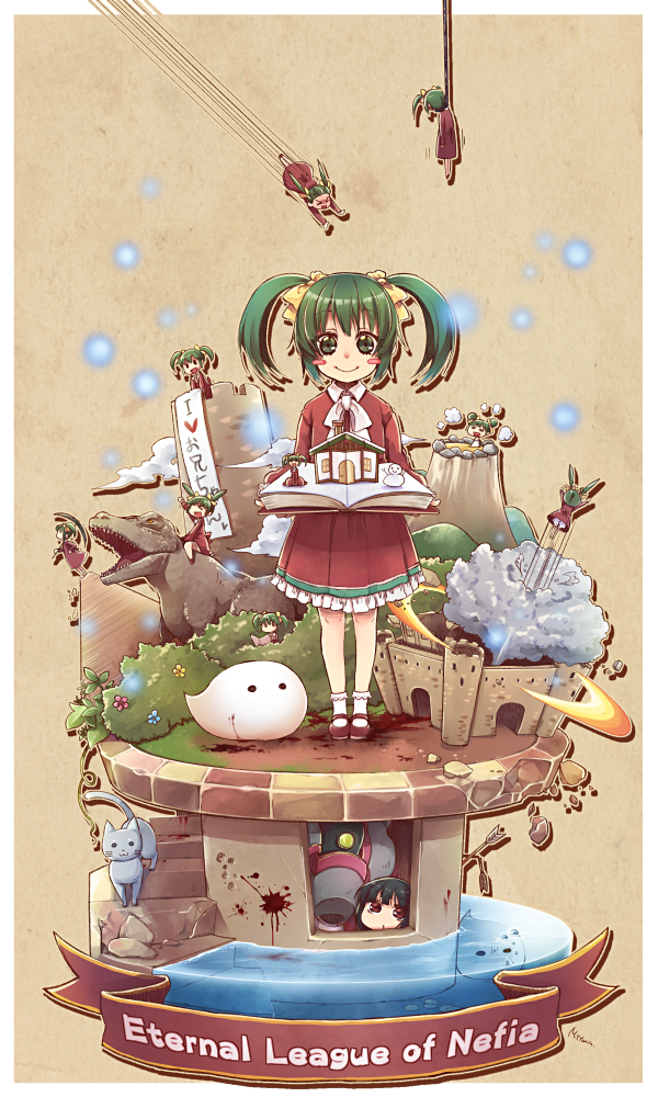 &gt;_&lt; 1girl air_bubble arrow_(projectile) bangs bathing blood blood_stain blush_stickers bobby_socks book bow bowtie broken_arrow brown_background bubble bush carrying_over_shoulder cat clouds crack dinosaur double_bun dress elona explosion flower flying green_eyes green_hair hair_bow hanged holding holding_weapon jumping light_particles long_sleeves looking_at_viewer minigirl misono_mitama noose onsen open_book partially_submerged planted planted_arrow pop-up_book putit_(elona) pyramid red_dress red_footwear riding shoes smile snowman socks stairs standing steam straight-on tower twintails tyrannosaurus_rex weapon white_bow white_bowtie white_footwear younger_sister_(elona)