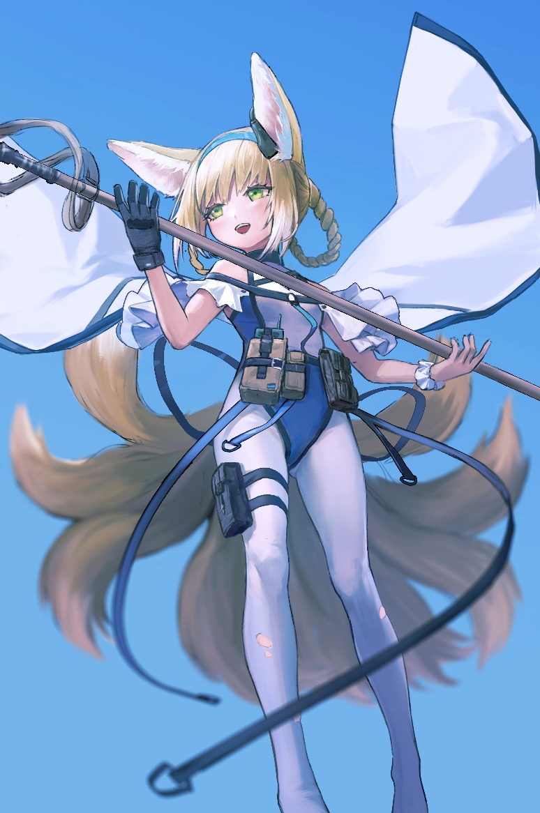 1girl :d animal_ears arknights black_bag black_gloves blonde_hair blue_background blue_hairband braid cape earpiece fox_ears fox_girl fox_tail g141 gloves green_eyes hairband holding holding_staff kitsune kyuubi long_hair multiple_tails open_mouth pantyhose single_braid smile solo staff standing suzuran_(arknights) tail thigh_pouch torn_clothes torn_legwear white_cape white_hair white_legwear white_wrist_cuffs