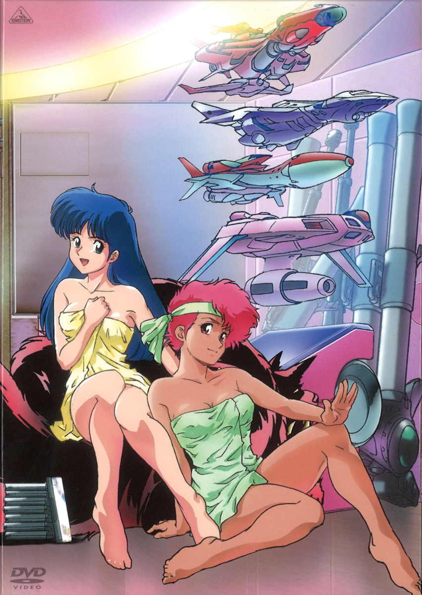 1980s_(style) barefoot blue_eyes blue_hair dark-skinned_female dark_skin dirty_pair dvd_logo headband highres kei_(dirty_pair) knee_up logo long_hair looking_at_viewer mughi non-web_source nude official_art open_mouth red_eyes redhead retro_artstyle scan short_hair sitting_on_animal smile yuri_(dirty_pair)