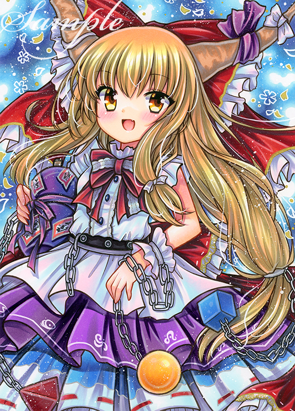 1girl :d bangs bare_arms belt black_belt blonde_hair blue_background blue_skirt blush bow bowtie buttons chain cowboy_shot cube cuffs embellished_costume eyebrows_visible_through_hair fang frilled_bow frills gourd hair_bow hair_ribbon holding horn_ornament horn_ribbon horns ibuki_suika layered_skirt long_hair looking_at_viewer low-tied_long_hair marker_(medium) multicolored_clothes multicolored_skirt ofuda oni oni_horns open_mouth orange_eyes orb purple_ribbon purple_skirt red_bow ribbon ribbon-trimmed_skirt ribbon_trim rui_(sugar3) sample_watermark shackles shirt sidelocks skirt sleeveless sleeveless_shirt smile solo standing touhou traditional_media tress_ribbon very_long_hair watermark white_ribbon white_shirt white_skirt wrist_cuffs yellow_eyes