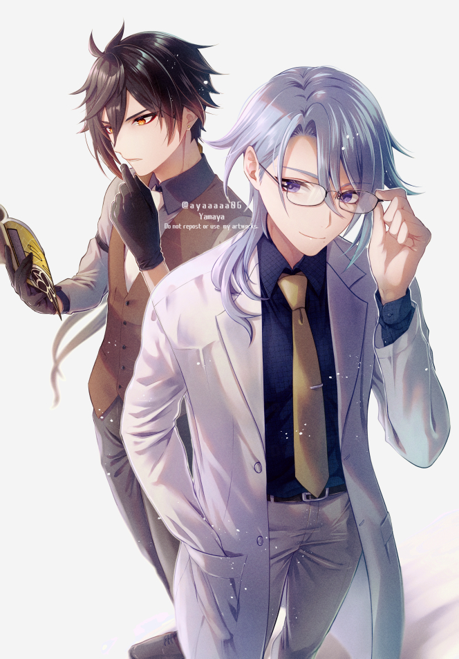 2boys adjusting_eyewear alternate_costume antenna_hair belt belt_buckle black_gloves black_pants black_shirt blue_eyes blue_hair book brown_hair brown_vest buckle collared_shirt commentary_request formal genshin_impact gloves gradient_hair grey_shirt hair_between_eyes hand_in_pocket holding holding_book jacket kamisato_ayato long_sleeves looking_at_viewer male_focus mole mole_under_mouth multicolored_hair multiple_boys necktie open_clothes open_jacket orange_eyes orange_hair pants reading red_eyeliner shirt smile tie_clip twitter_username vest white_jacket white_necktie white_pants wing_collar yamaya_aya yellow_necktie zhongli_(genshin_impact)