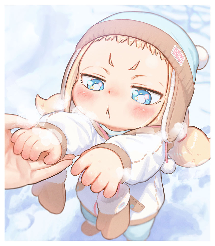 1girl :&lt; beanie blonde_hair blue_eyes blurry breath bright_pupils child commentary_request depth_of_field english_commentary engrish_commentary hat holding_hands kozato_(yu_kozato) little_blonde_girl_(kozato) mittens mittens_removed mixed-language_commentary original pom_pom_(clothes) short_bangs snow twintails white_pupils winter winter_clothes