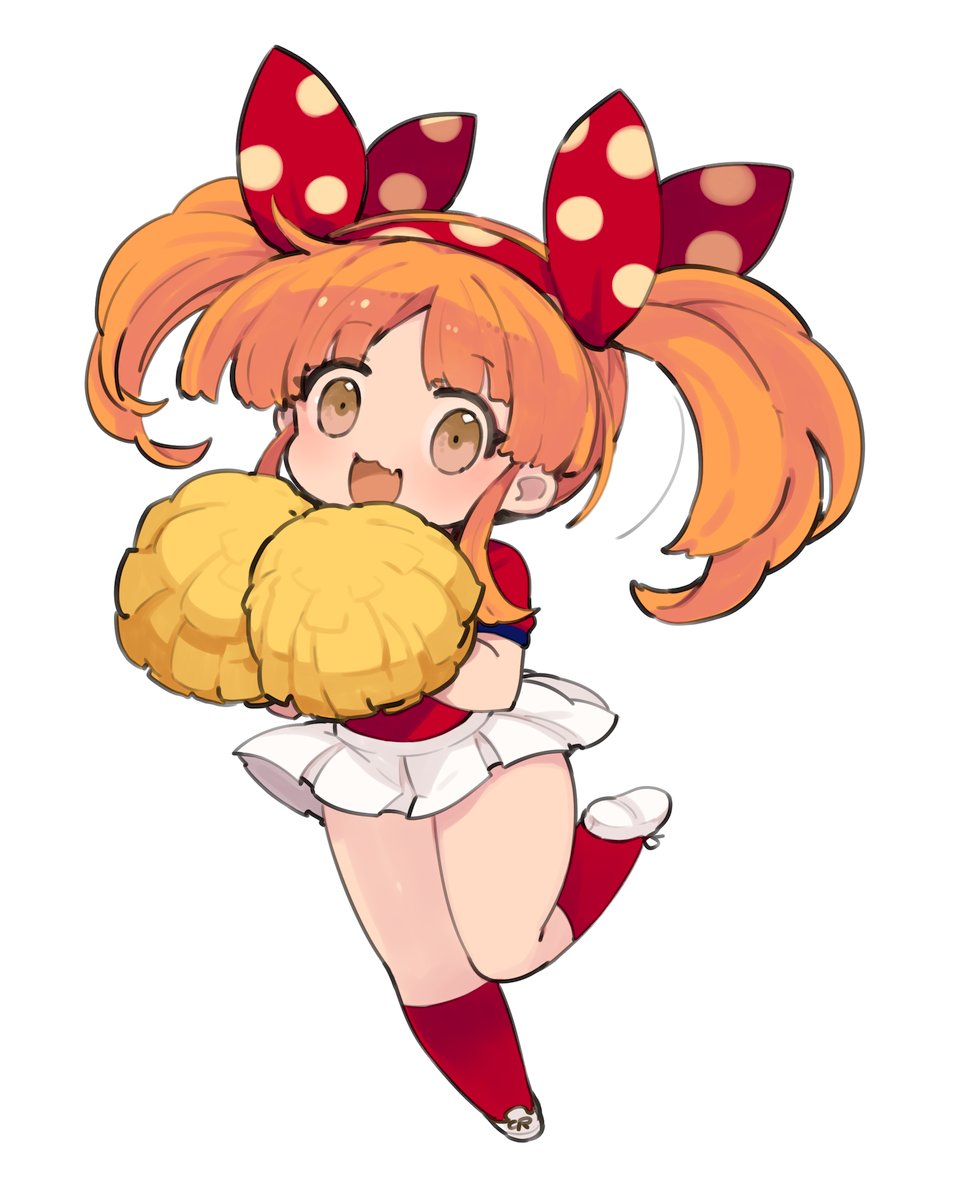 1girl :d bangs brown_eyes chibi eyebrows_visible_through_hair fang full_body hair_ribbon hairband highres holding kneehighs looking_at_viewer mota orange_hair original parted_bangs pleated_skirt polka_dot polka_dot_hairband polka_dot_ribbon pom_pom_(cheerleading) red_hairband red_legwear red_ribbon red_shirt ribbon shirt shoe_soles shoes short_sleeves simple_background skirt smile solo twintails white_background white_footwear white_skirt