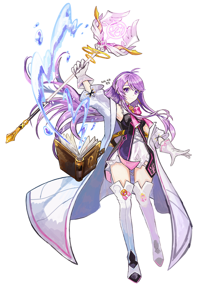 1girl 2022 aether_sage_(elsword) aisha_landar antenna_hair arm_up armpits bangs boots bow bowtie buding_i closed_mouth coat dated dress elsword floating_hair full_body gloves holding holding_staff long_hair open_clothes open_coat pink_bow pink_bowtie purple_hair shiny shiny_hair short_dress sleeveless sleeveless_dress smile solo staff standing swept_bangs thigh-highs thigh_boots very_long_hair violet_eyes white_background white_coat white_dress white_footwear white_gloves zettai_ryouiki