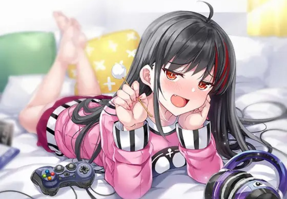 1girl :d ahoge black_hair blurry blurry_background blush bulbonne controller doyagao ear_cleaning fang game_controller headphones jitome long_hair long_sleeves looking_at_viewer lying mimikaki multicolored_hair on_bed on_stomach original pillow pink_nails pink_shirt red_eyes shirt skirt smile smug streaked_hair
