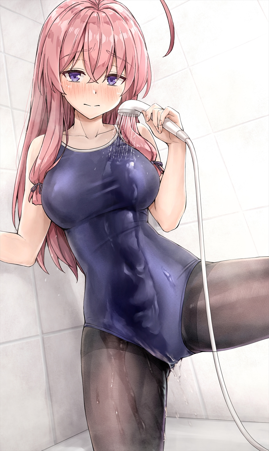 1girl ahoge bathroom bathtub black_legwear blue_eyes blue_swimsuit blush breasts closed_mouth collarbone commentary_request dripping embarrassed eyebrows_visible_through_hair hair_between_eyes hair_tie highres holding holding_shower_head kotatsu_(kotatsu358) large_breasts leaning_to_the_side leg_up long_hair looking_at_viewer low-tied_long_hair one-piece_swimsuit original pantyhose pantyhose_under_swimsuit pink_hair school_swimsuit shower_head showering solo swimsuit tile_wall tiles water wet