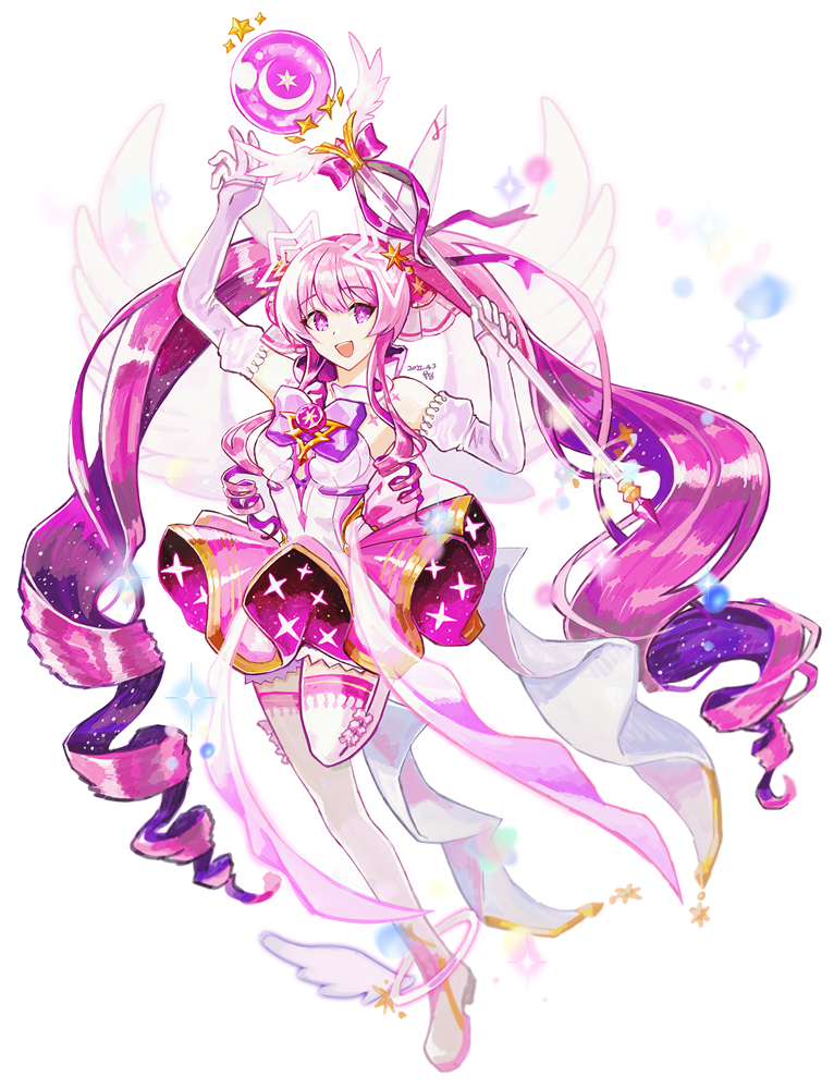 1girl :d aisha_landar bangs boots bow bowtie buding_i detached_sleeves elsword eyebrows_visible_through_hair floating_hair full_body holding holding_staff long_hair long_sleeves looking_at_viewer metamorphy_(elsword) miniskirt open_mouth pink_eyes pink_hair pink_skirt pleated_skirt purple_bow purple_bowtie shiny shiny_hair skirt sleeves_past_wrists smile solo staff standing standing_on_one_leg thigh-highs thigh_boots twintails very_long_hair white_background white_footwear white_sleeves