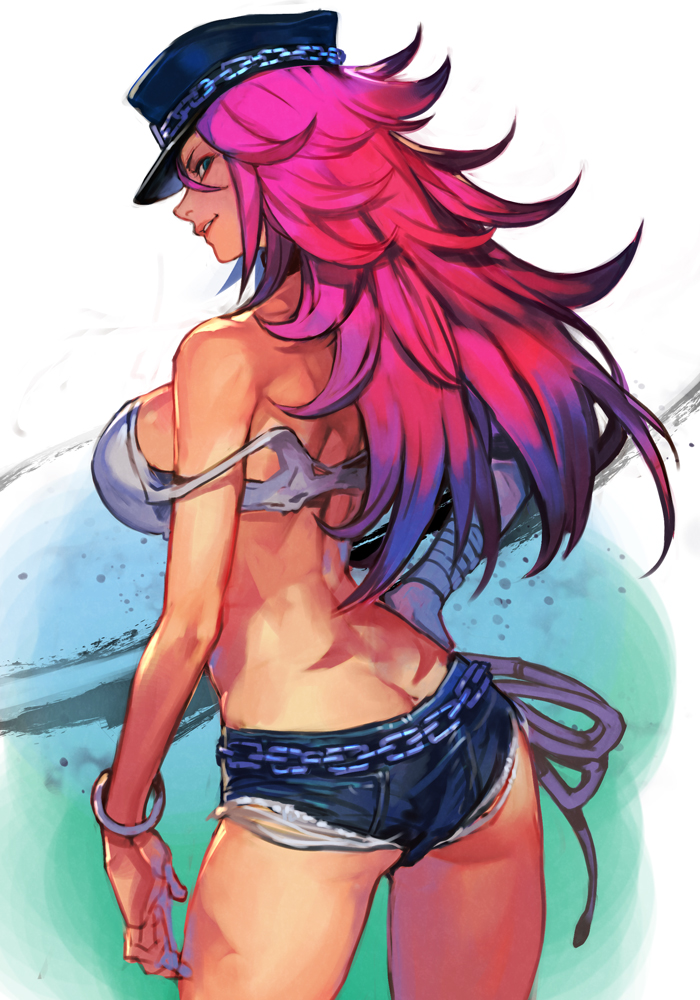 1girl ass back bandaged_wrist bandages black_headwear blue_eyes blue_shorts bracelet breasts chain cowboy_shot crop_top denim denim_shorts final_fight from_behind green_background hair_between_eyes hand_on_hip hankuri hat hat_chain jewelry large_breasts lips long_hair looking_at_viewer looking_back parted_lips pink_hair poison_(final_fight) short_shorts shorts sideboob sleeveless smile solo standing strap_slip tank_top white_tank_top