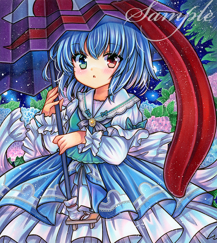 1girl :o aqua_vest blue_eyes blue_hair blue_ribbon blue_skirt blush bow brooch cowboy_shot embellished_costume eyebrows_visible_through_hair flower frilled_sleeves frills green_bow grey_neckerchief hand_up heterochromia holding holding_umbrella hydrangea jewelry juliet_sleeves karakasa_obake lace-trimmed_shirt lace_trim leaf light_particles long_sleeves looking_at_viewer marker_(medium) neckerchief parted_lips puffy_sleeves purple_umbrella red_eyes ribbon rui_(sugar3) sample_watermark shirt short_hair skirt sky sleeve_bow solo standing star_(sky) starry_sky tatara_kogasa tongue touhou traditional_media umbrella vest watermark white_shirt