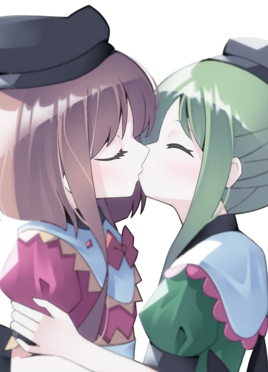 2girls back_bow bamboo black_bow bow brown_hair closed_eyes collared_dress dress eyelashes frills green_dress green_hair hat highres hug kiss multiple_girls myouga_(plant) nishida_satono pink_dress puffy_short_sleeves puffy_sleeves red_bow ribbon shishidonagi short_hair short_hair_with_long_locks short_sleeves simple_background tate_eboshi teireida_mai touhou white_background yuri