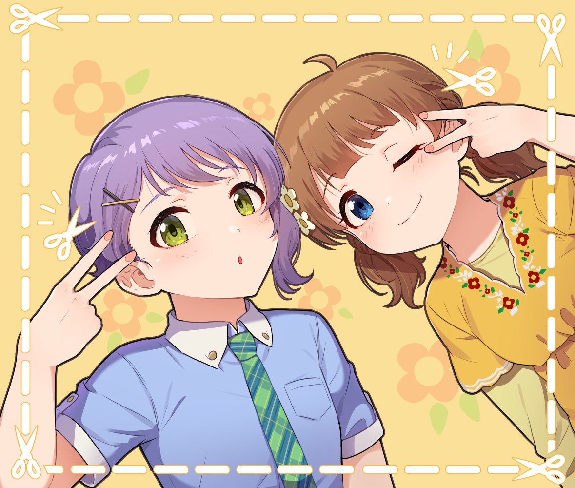 2girls :o ahoge asymmetrical_bangs bangs blue_eyes blue_shirt brown_hair checkered_necktie dot_nose dress english_commentary eyebrows flat_chest floral_background floral_print flower green_necktie hair_flower hair_ornament hairclip hand_up idolmaster idolmaster_million_live! idolmaster_million_live!_theater_days kamille_(vcx68) light_blush looking_at_viewer low_twintails makabe_mizuki multiple_girls necktie official_alternate_hairstyle one_eye_closed orange_background print_dress purple_hair scissors shirt short_hair short_sleeves short_twintails smile suou_momoko twintails upper_body v wing_collar yellow_dress yellow_eyes