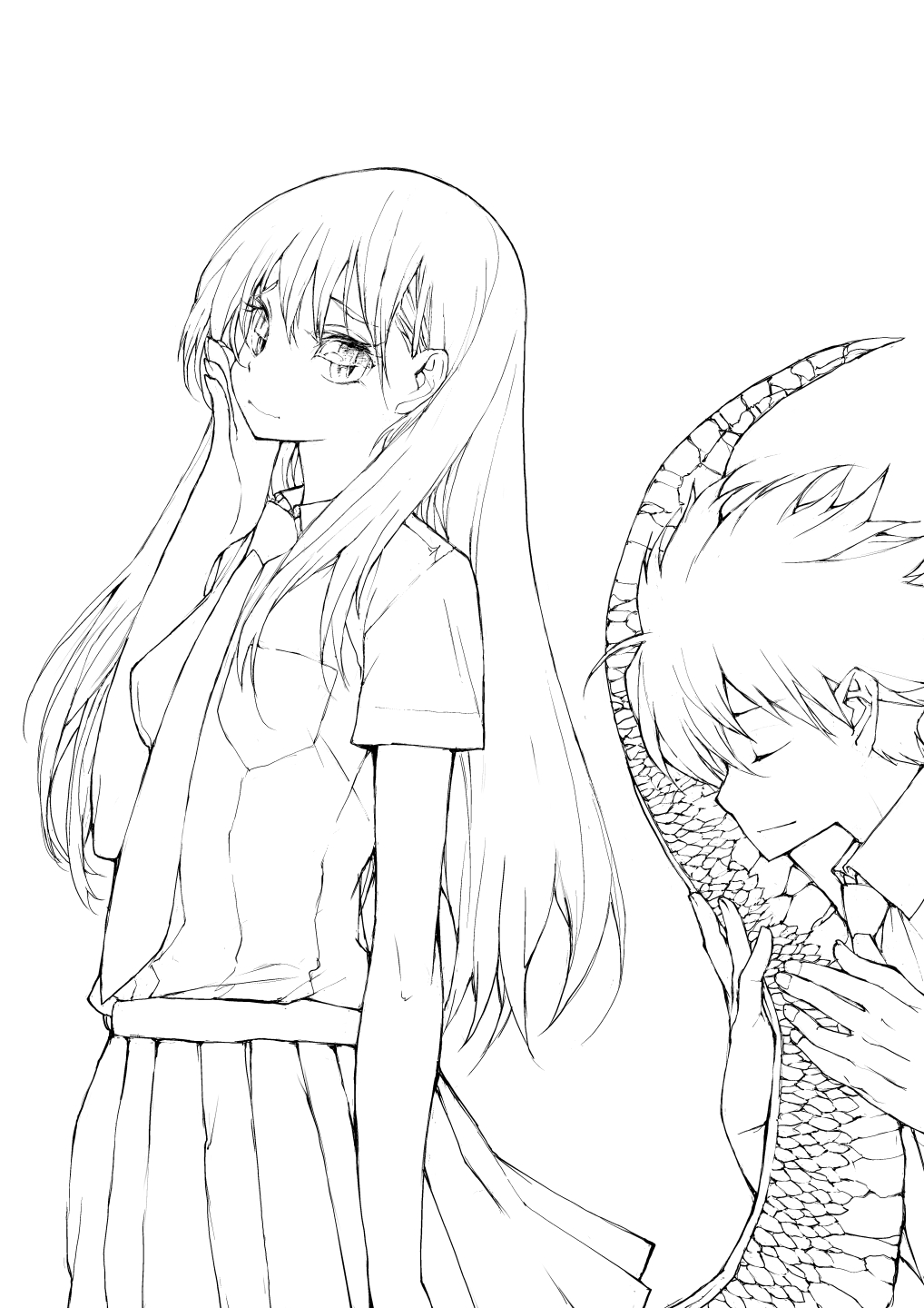 1boy 1girl ahoge bangs burningblossom collarbone extra_eyelids greyscale highres lineart lizard_tail long_hair looking_back monochrome mukasete!_ryuugasaki-san necktie reptile_girl ryuugasaki-san school_uniform skirt smile tail tail_hug white_background yugami-kun_(mukasete!_ryuugasaki-san)